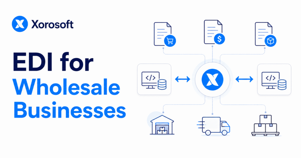 Xorosoft branded image titled “EDI for Wholesale Businesses” showing connected documents, warehouse, shipping, inventory, and accounting icons in a clean blue SaaS-style layout.
