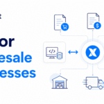 Xorosoft branded image titled “EDI for Wholesale Businesses” showing connected documents, warehouse, shipping, inventory, and accounting icons in a clean blue SaaS-style layout.