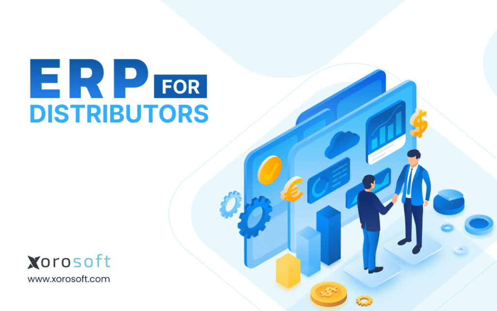 ERP for Distributors dashboard showing inventory, purchasing, warehouse management, and accounting workflows
