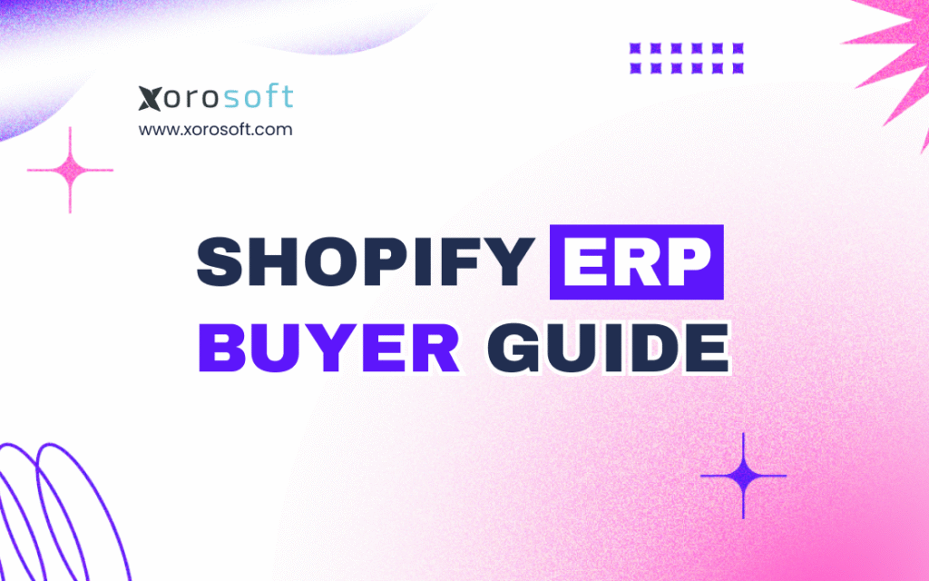Shopify ERP Buyer Guide showing connected workflows for inventory, purchasing, warehouse management, accounting, and reporting