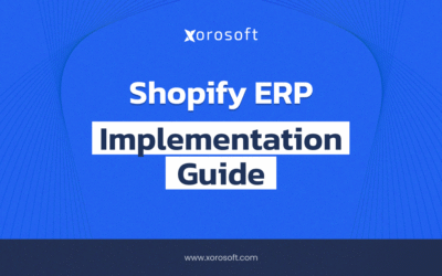 Shopify ERP Implementation Guide showing inventory, accounting, purchasing, warehouse, and reporting workflows connected behind Shopify