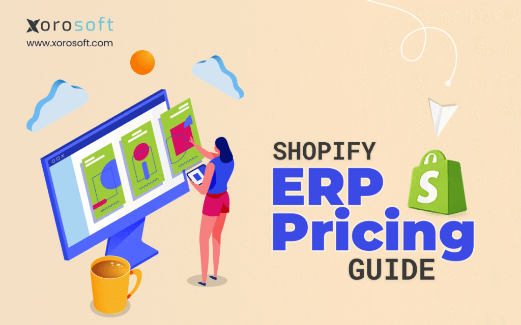 Shopify ERP Pricing Guide showing ERP cost factors including software, implementation, integrations, inventory, accounting, and warehouse management.