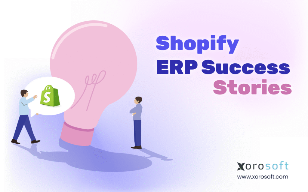 Shopify ERP Success Stories showing connected inventory, accounting, purchasing, and warehouse workflows for ecommerce brands