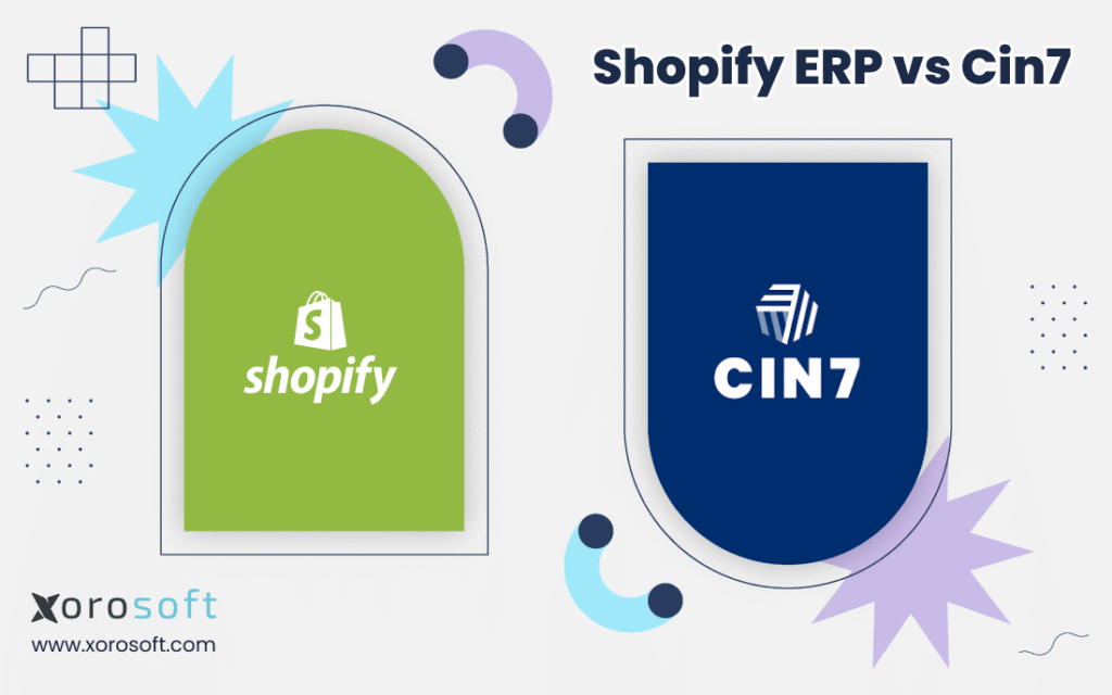 Shopify ERP vs Cin7 comparison showing inventory, accounting, purchasing, warehouse management, and reporting workflows.