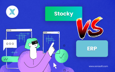 Stocky vs ERP comparison showing Shopify inventory, purchasing, accounting, warehouse, and reporting workflows