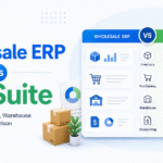 Wholesale ERP vs NetSuite comparison image showing inventory, purchasing, warehouse, and accounting workflows for wholesale businesses.