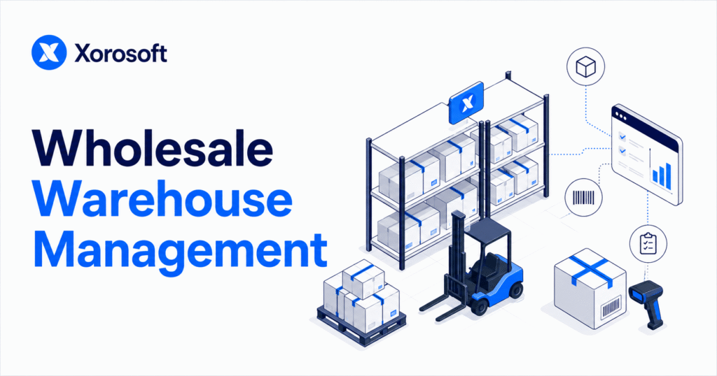Wholesale warehouse management system showing warehouse shelves, barcode scanning, inventory tracking, and fulfillment workflows.