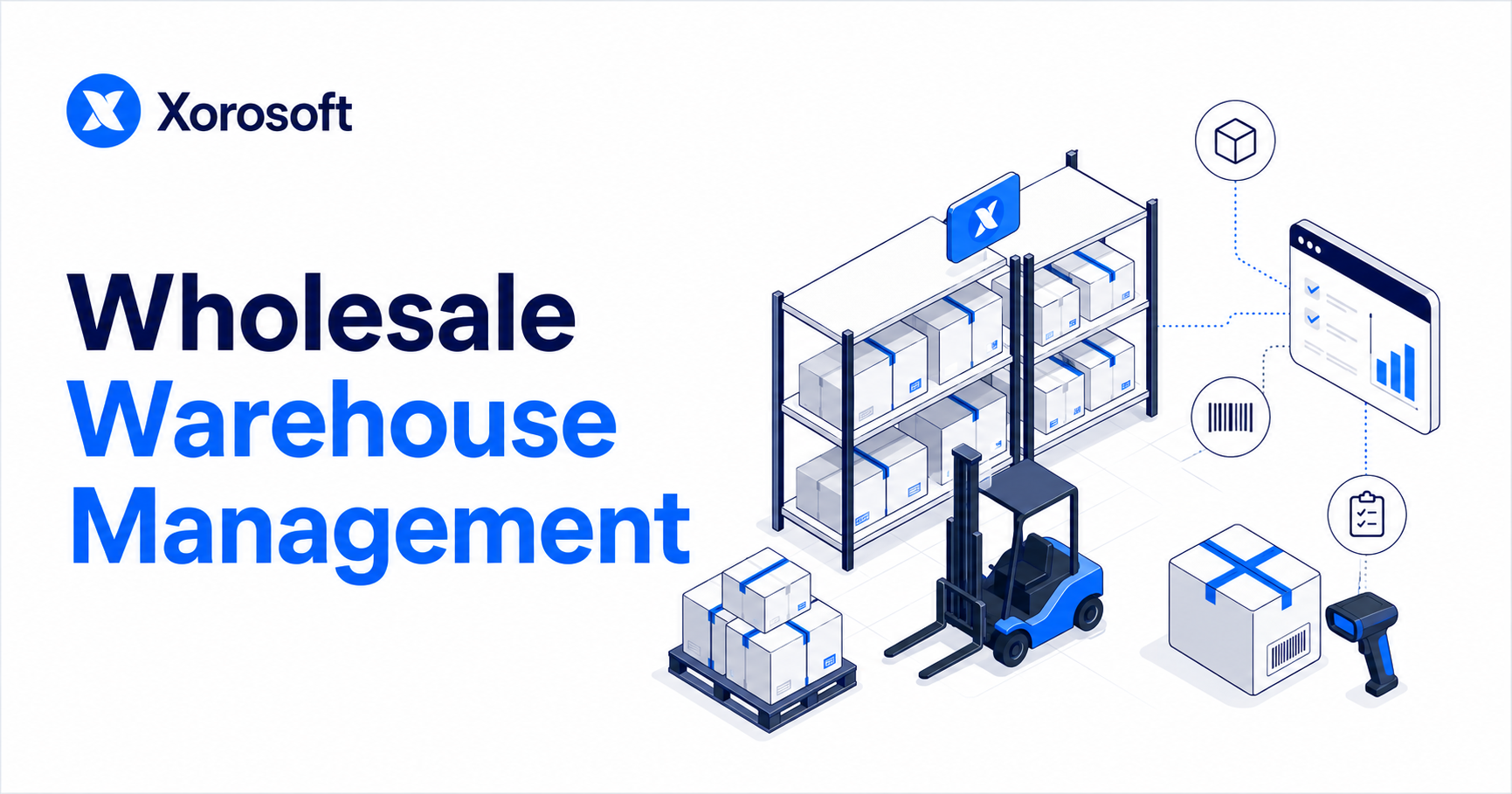 Wholesale warehouse management system showing warehouse shelves, barcode scanning, inventory tracking, and fulfillment workflows.