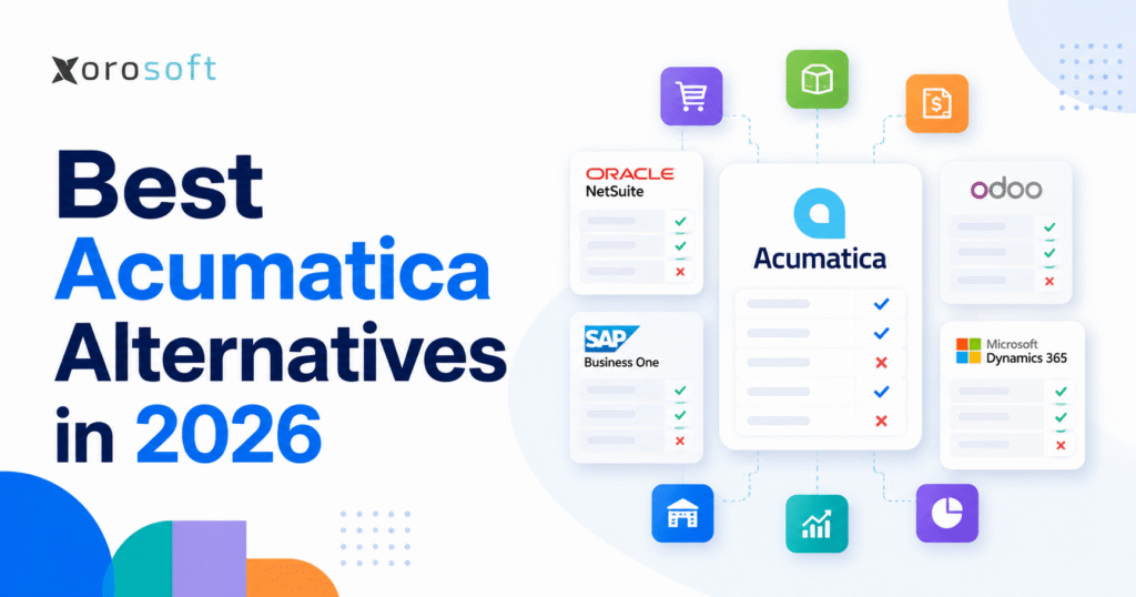 Best Acumatica Alternatives in 2026 comparison graphic with Xorosoft, NetSuite, SAP, Odoo, and Microsoft Dynamics ERP options
