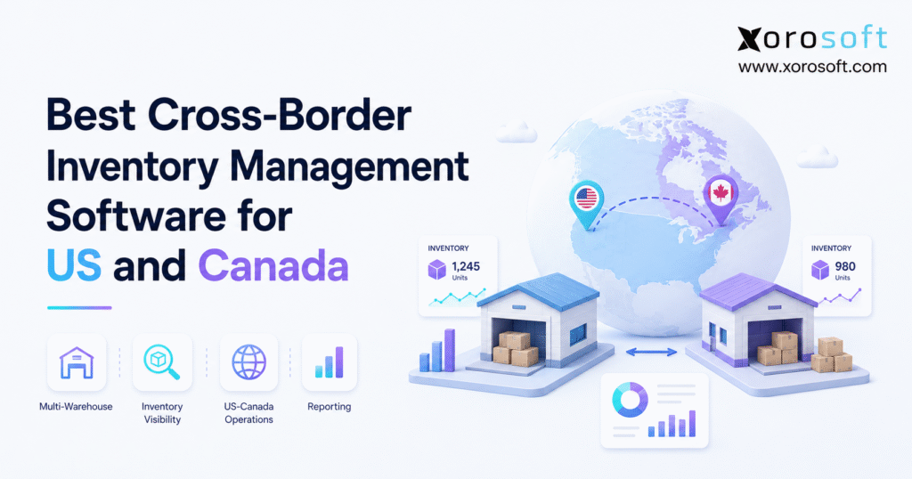 Cross-border inventory software dashboard showing US and Canada warehouse connections for ecommerce operations.