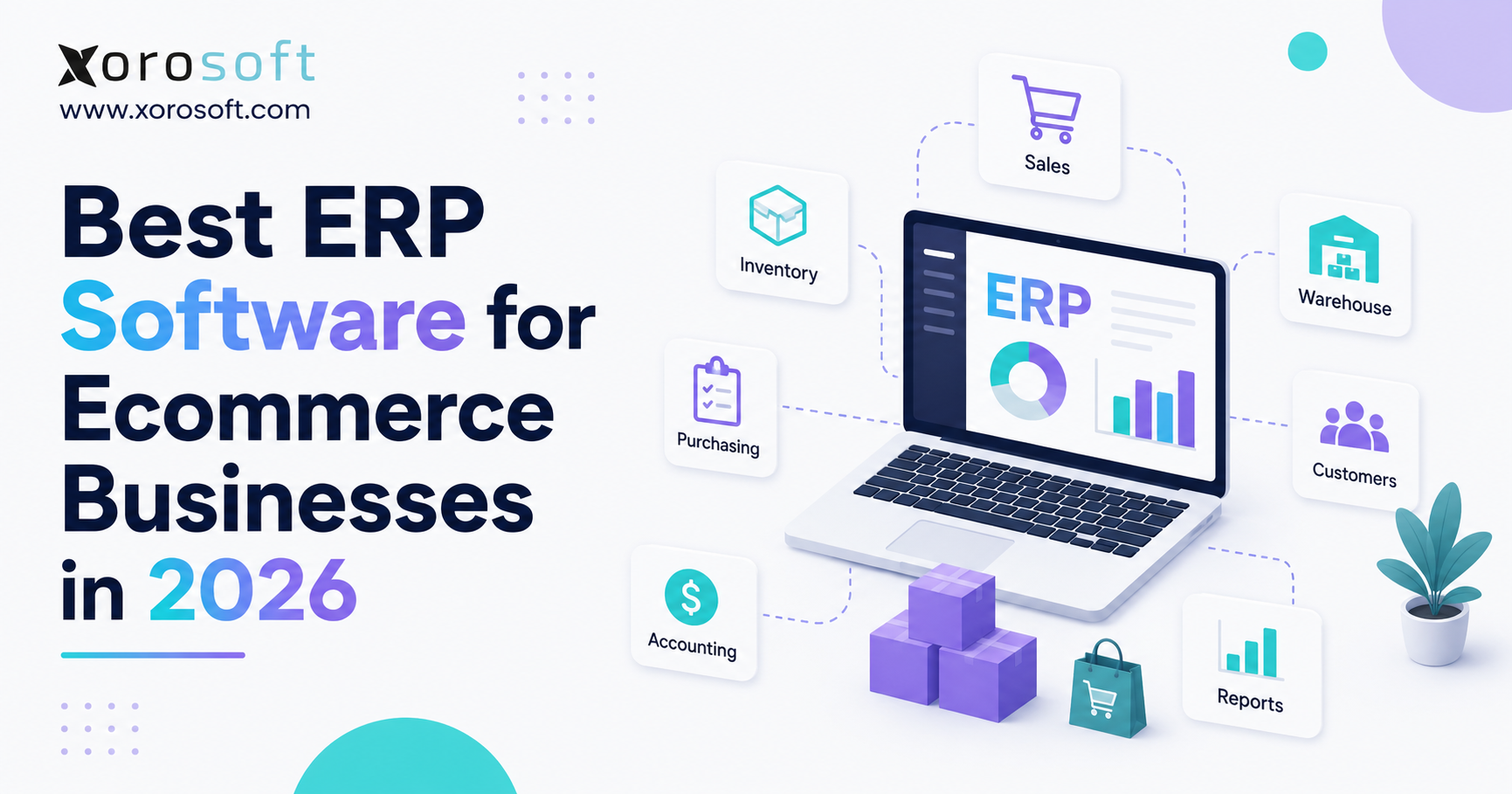 Illustration showing an ecommerce ERP platform connecting inventory, purchasing, warehouse management, accounting, reporting, and online sales for growing businesses.