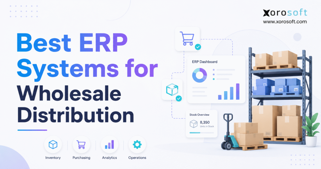 Best ERP systems for wholesale distribution with warehouse inventory, purchasing, analytics, operations, and ERP dashboard visuals.