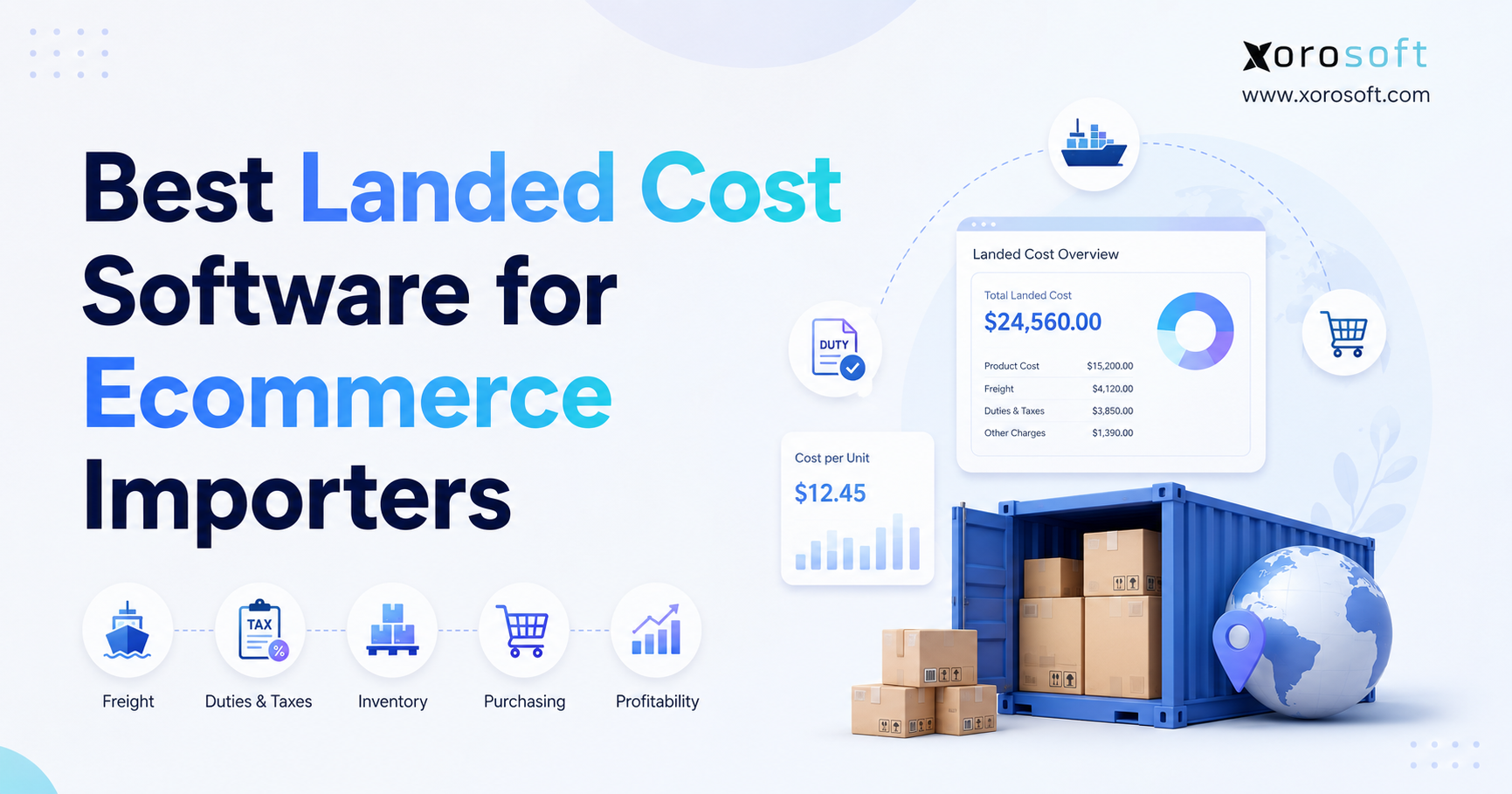 Best landed cost software for ecommerce importers showing freight, duties, inventory, purchasing, profitability, and shipment cost analytics.