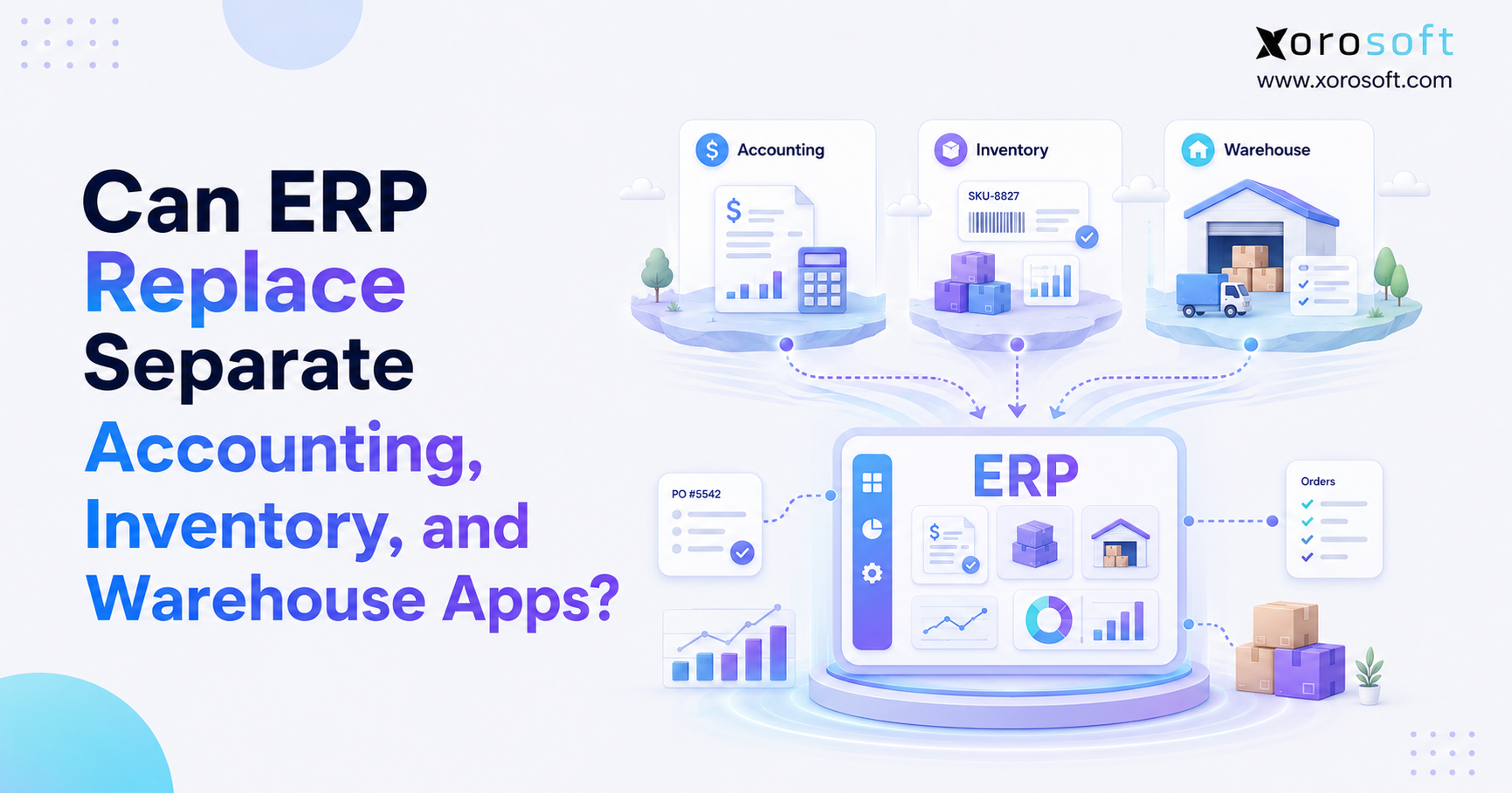 Integrated ERP software replacing separate accounting inventory and warehouse apps.