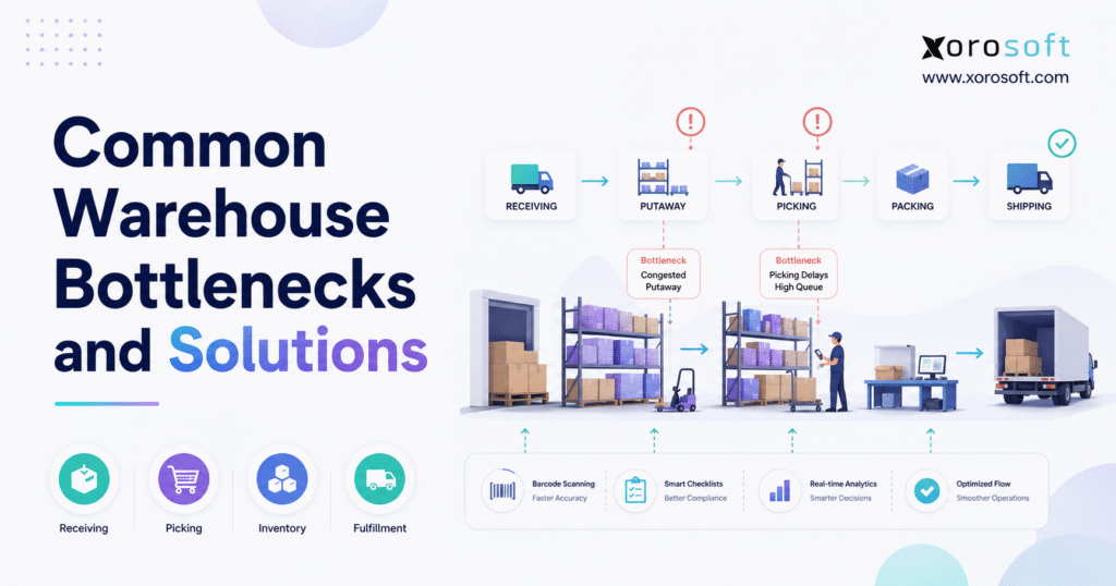 Common warehouse bottlenecks and solutions across receiving, picking, packing, shipping, and inventory management.