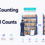 Cycle counting vs physical counts comparison showing warehouse workers scanning selected inventory and completing a full stock count