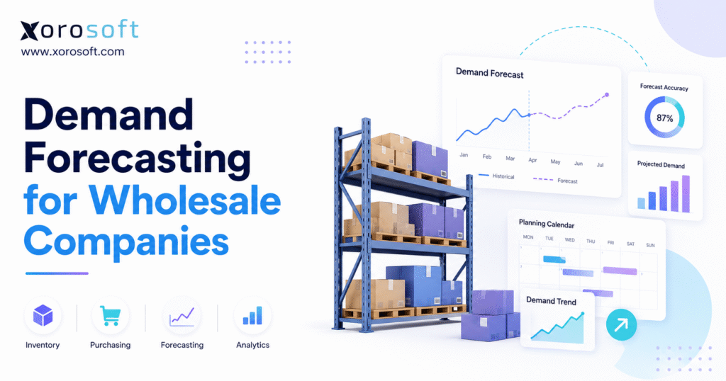 Demand forecasting for wholesale companies with warehouse inventory, purchasing, analytics, and projected demand dashboards.