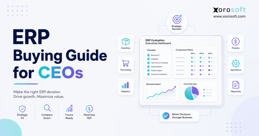 ERP buying guide for CEOs evaluating inventory, finance, purchasing, fulfillment, and reporting requirements.