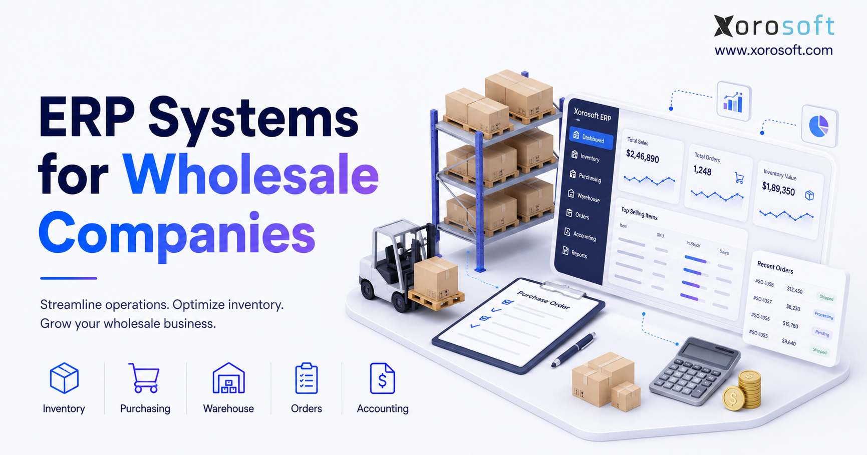 ERP systems for wholesale companies with warehouse racks, inventory dashboard, purchasing tools, and Xorosoft branding.