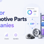 ERP for Automotive Parts Companies blog banner with Xorosoft branding, automotive parts shelving, inventory dashboard cards, and icons for inventory, purchasing, analytics, and operations.