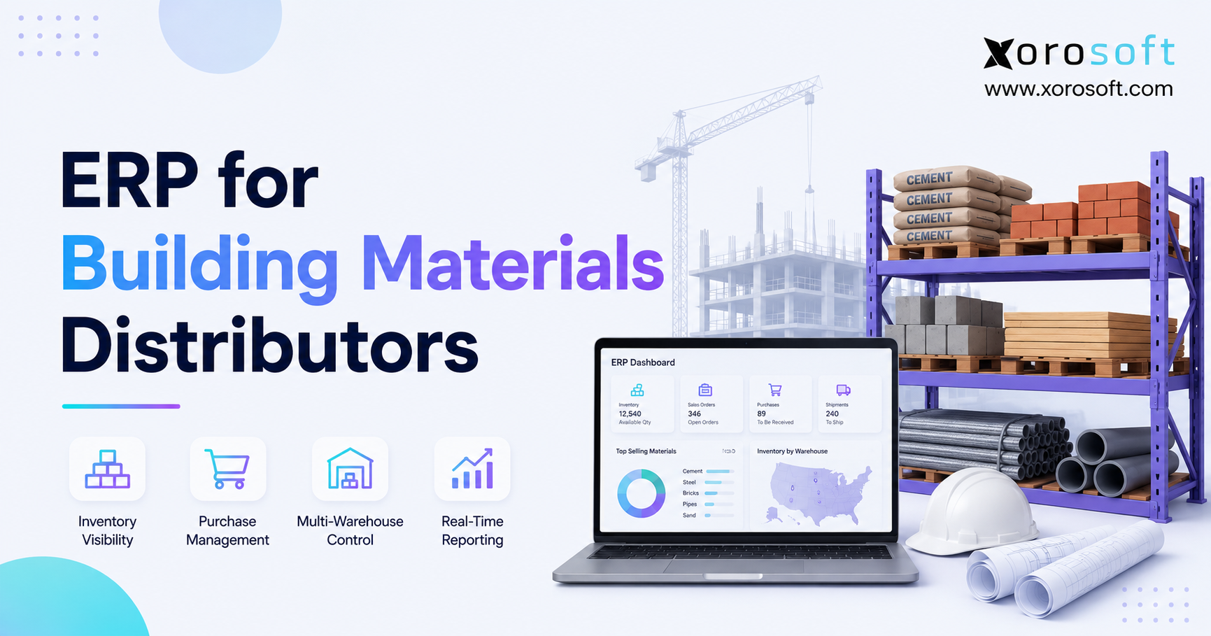 Building materials ERP dashboard for inventory, purchasing, warehouse management, and accounting