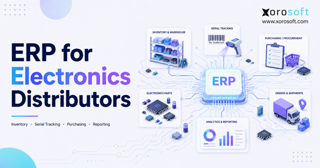 ERP for electronics distributors connecting inventory, purchasing, warehouse, ecommerce, EDI, and accounting workflows.
