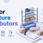ERP for Furniture Distributors blog banner featuring furniture inventory, warehouse shelving, barcode scanning, delivery operations, order management, and an ERP analytics dashboard.