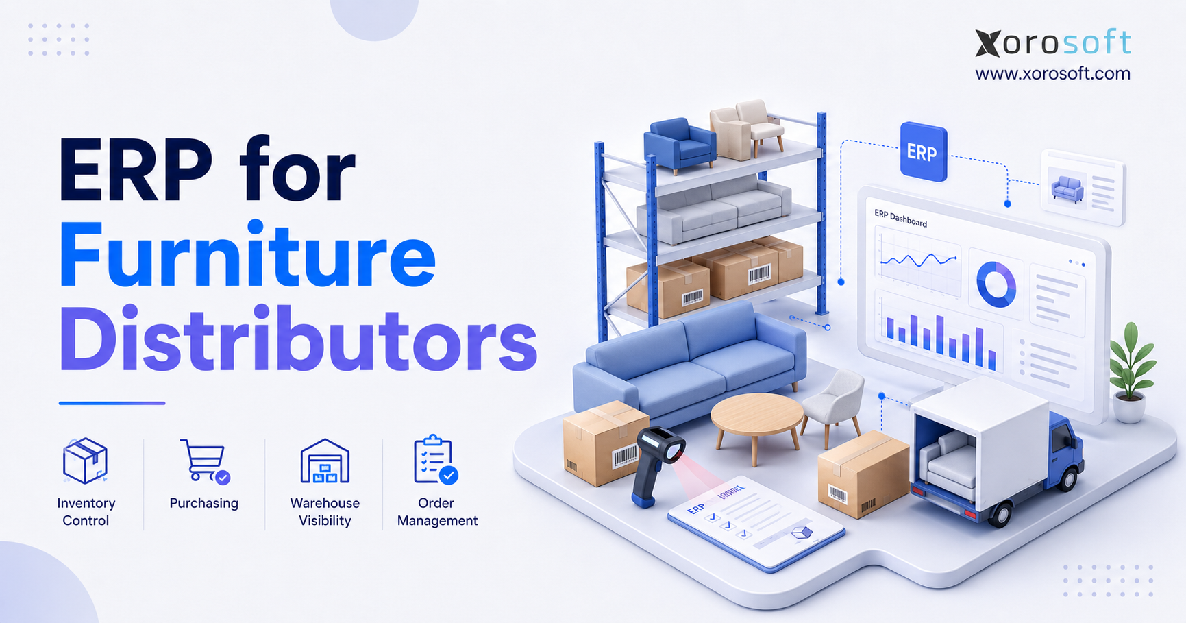 ERP for Furniture Distributors blog banner featuring furniture inventory, warehouse shelving, barcode scanning, delivery operations, order management, and an ERP analytics dashboard.