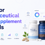 ERP for nutraceutical and supplement brands banner showing supplement products, dashboard analytics, and icons for inventory, purchasing, batch tracking, analytics, and compliance.