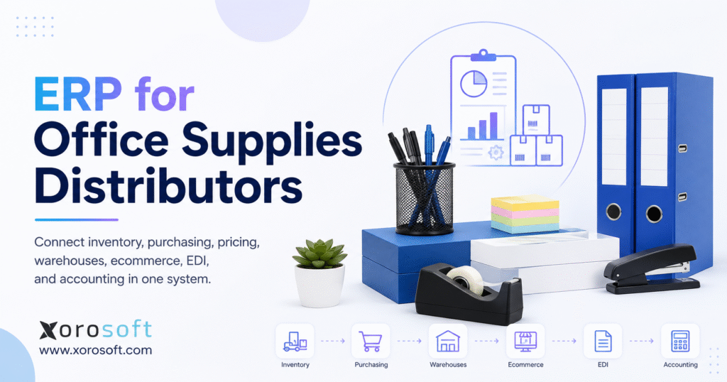 ERP for office supplies distributors with connected inventory, purchasing, warehouse, ecommerce, and accounting workflows.