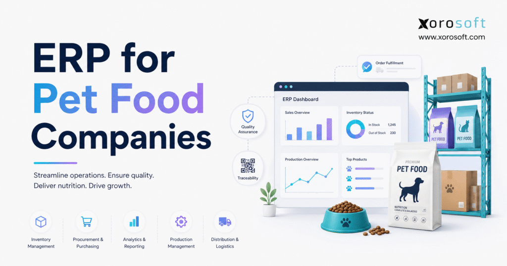 Illustration for ERP for pet food companies showing an ERP dashboard, pet food bags, warehouse shelving, quality assurance and traceability icons, and Xorosoft branding.