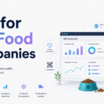 Illustration for ERP for pet food companies showing an ERP dashboard, pet food bags, warehouse shelving, quality assurance and traceability icons, and Xorosoft branding.
