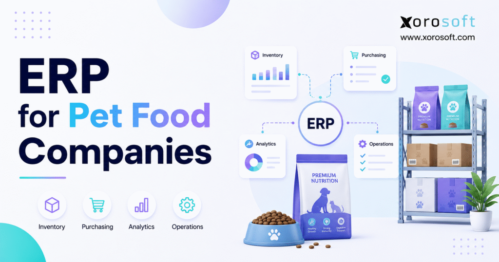 ERP for pet food companies illustration showing pet food inventory, purchasing, analytics, operations, warehouse shelving, and Xorosoft branding.