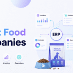 ERP for pet food companies illustration showing pet food inventory, purchasing, analytics, operations, warehouse shelving, and Xorosoft branding.