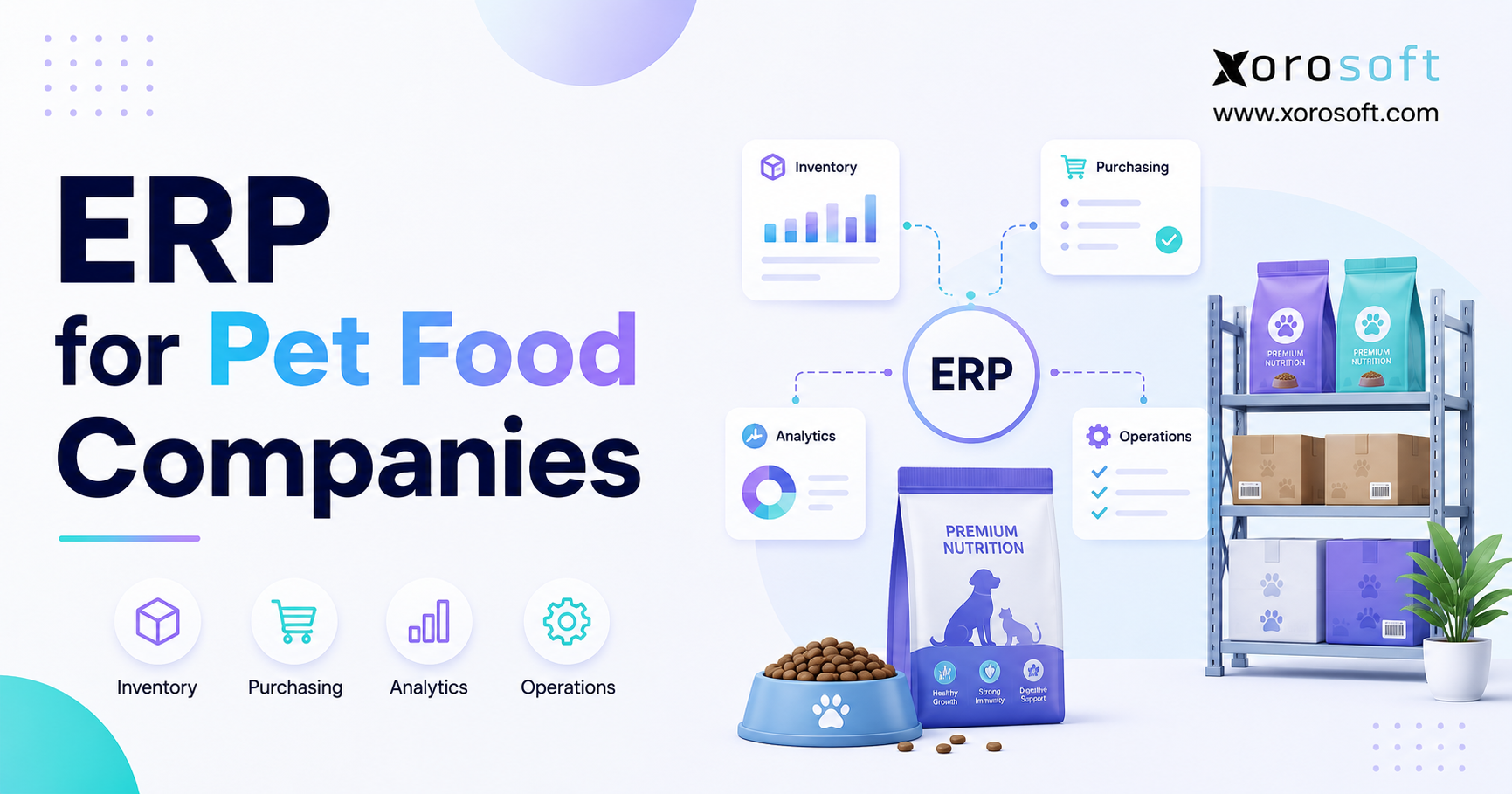 ERP for pet food companies illustration showing pet food inventory, purchasing, analytics, operations, warehouse shelving, and Xorosoft branding.