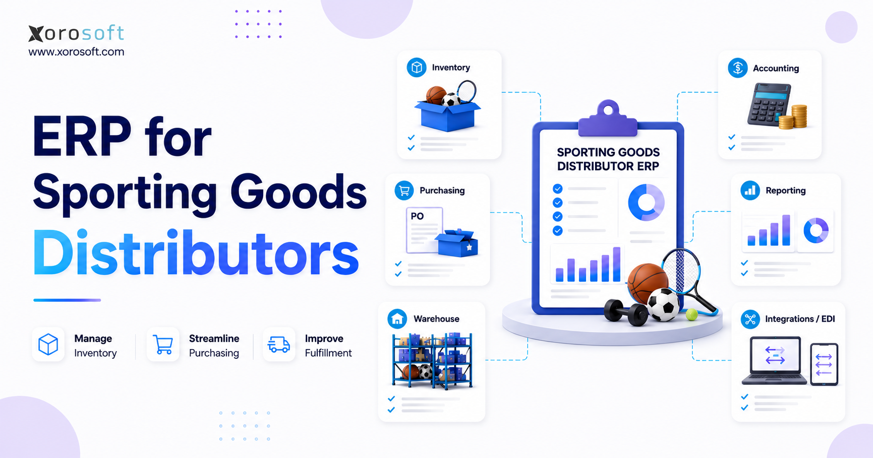 ERP for Sporting Goods Distributors managing inventory, purchasing, warehouse operations, accounting, reporting, and EDI workflows.