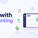 Xorosoft blog graphic for ERP with Accounting with bold gradient typography, integrated ERP software dashboard, and visual links to inventory, purchasing, accounting, and reporting.