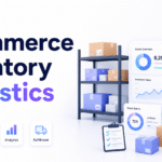 Ecommerce inventory statistics dashboard with warehouse shelves, stock charts, forecasting icons, and Xorosoft branding