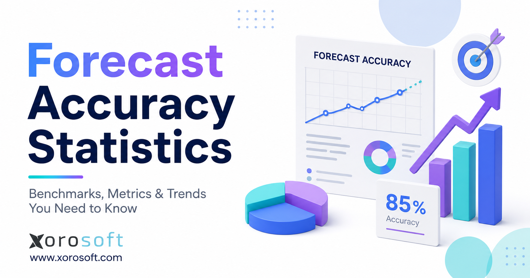 Forecast Accuracy Statistics blog graphic with line and bar charts, an 85% accuracy metric, and Xorosoft branding.