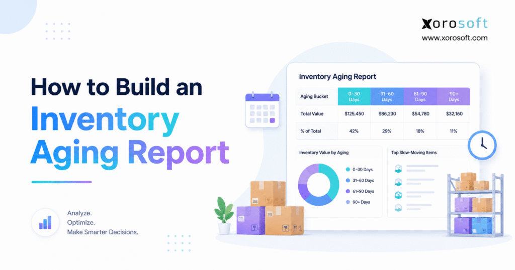Minimalist blog banner for “How to Build an Inventory Aging Report” featuring a blue-to-purple gradient title, an inventory aging dashboard, charts, boxes, warehouse shelves, and Xorosoft branding.