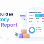 Minimalist blog banner for “How to Build an Inventory Aging Report” featuring a blue-to-purple gradient title, an inventory aging dashboard, charts, boxes, warehouse shelves, and Xorosoft branding.
