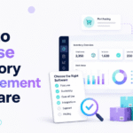 Minimalist blog banner for “How to Choose Inventory Management Software” featuring bold blue and purple typography, a clean inventory dashboard, checklist, analytics icons, boxes, and Xorosoft branding.