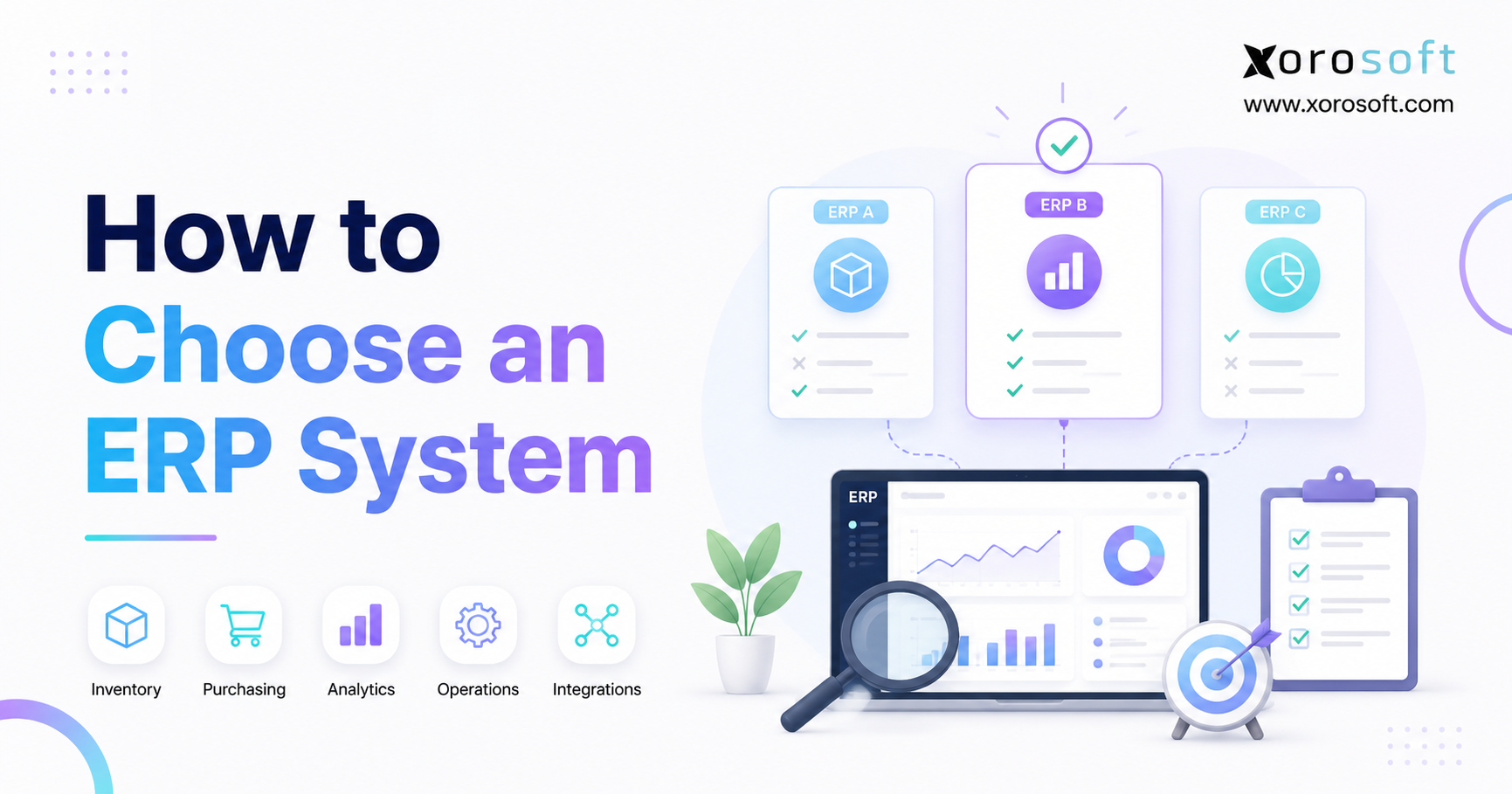 How to choose an ERP system by comparing features, integrations, analytics, inventory, purchasing, and operational requirements.