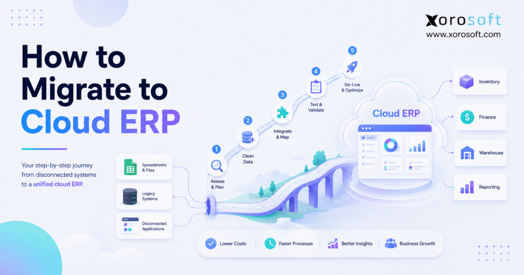Cloud ERP migration roadmap showing legacy systems moving into one connected cloud ERP platform.