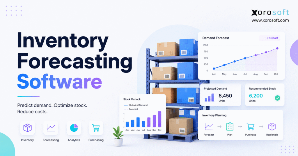 Inventory forecasting software dashboard showing demand forecasts, stock levels, analytics, purchasing, and replenishment planning.