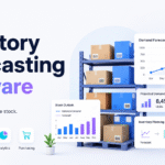 Inventory forecasting software dashboard showing demand forecasts, stock levels, analytics, purchasing, and replenishment planning.
