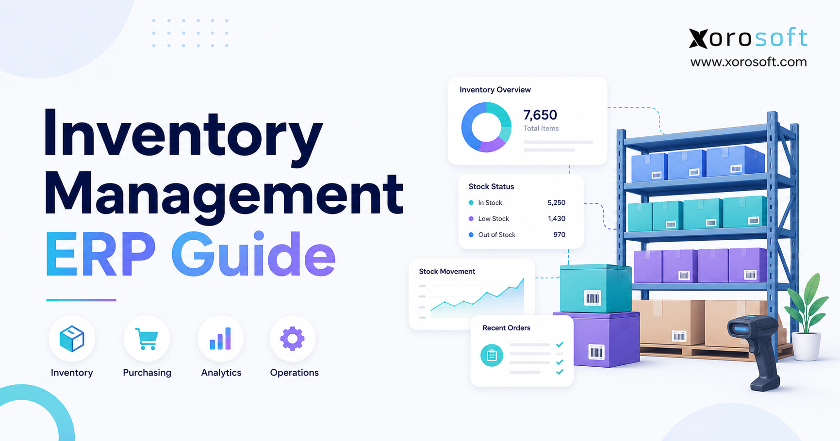 Inventory Management ERP Guide illustration showing connected inventory, purchasing, warehouse, accounting, and analytics workflows with Xorosoft branding.