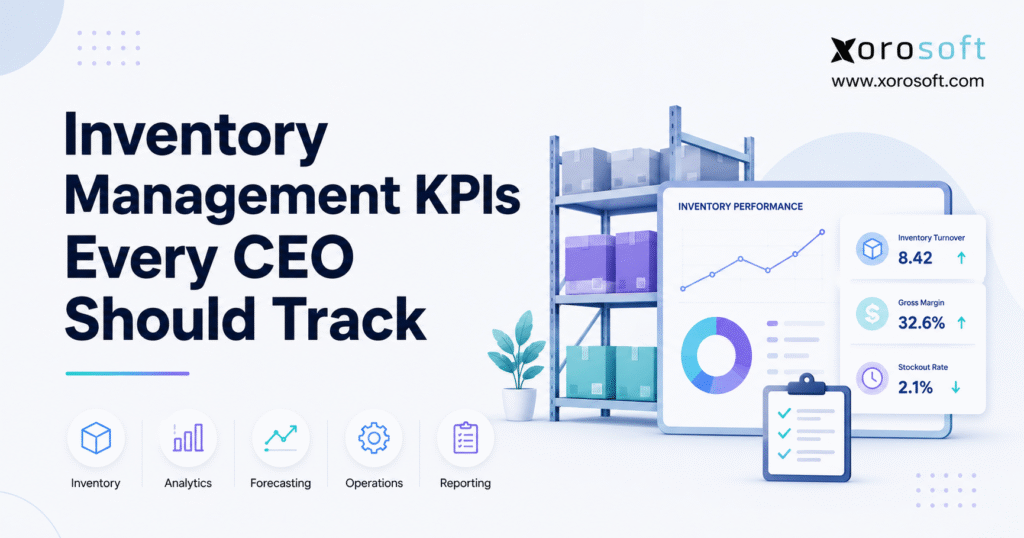 Inventory management KPIs dashboard showing cash flow, stockouts, inventory turnover, and warehouse accuracy for CEOs.