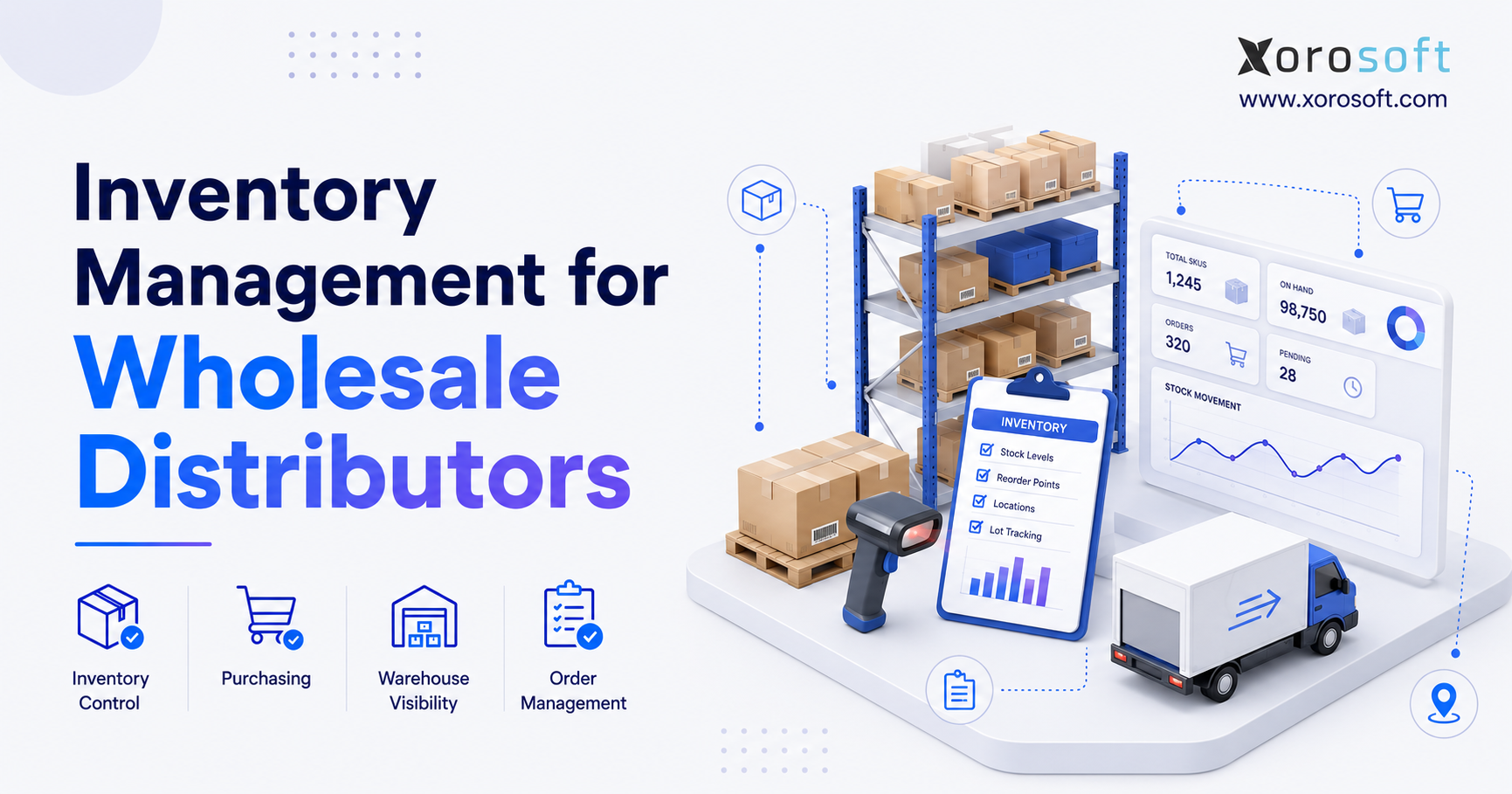 Inventory management for wholesale distributors with warehouse stock, barcode scanning, analytics, purchasing, and fulfillment workflows.