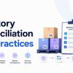 Inventory reconciliation best practices with stock boxes, barcode labels, audit checklist, and financial matching icons.